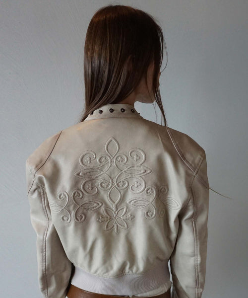 EMBOSS FAUX LEATHER BOMBER SAGE - 3 COLORS IVORY