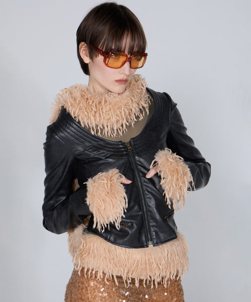 PORTRAIT NECK FAUX LEATHER JACKET - 2 COLORS BLACK