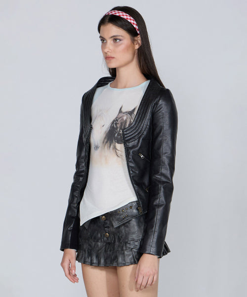 PORTRAIT NECK FAUX LEATHER JACKET - 2 COLORS BLACK