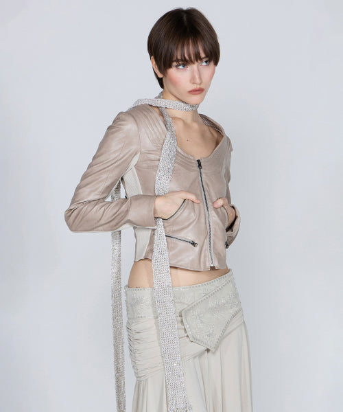 PORTRAIT NECK FAUX LEATHER JACKET - 2 COLORS TAUPE