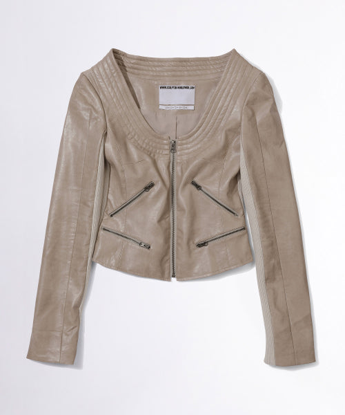 PORTRAIT NECK FAUX LEATHER JACKET - 2 COLORS TAUPE