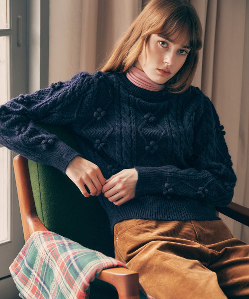 POMPOM CABLE KNIT - 3 COLORS NAVY