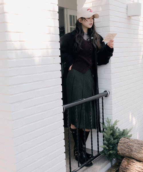 WOOL BLENDED PLEATS SKIRT - 2 COLORS KHAKI