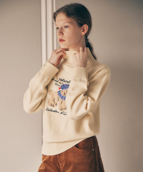 PUPPY JACQUARD HIGH NECK KNIT - 3 COLORS IVORY