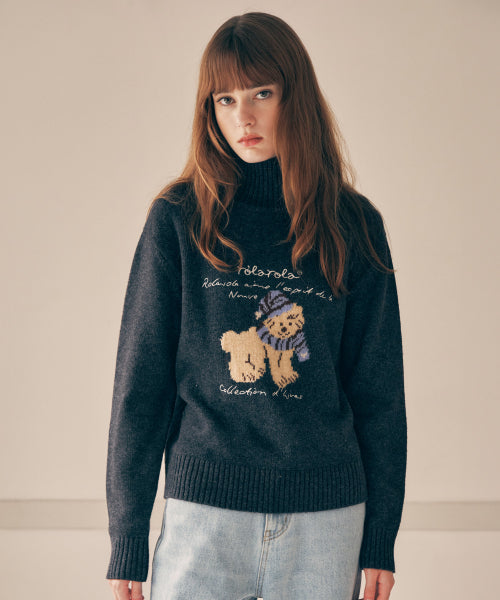 PUPPY JACQUARD HIGH NECK KNIT - 3 COLORS GREY