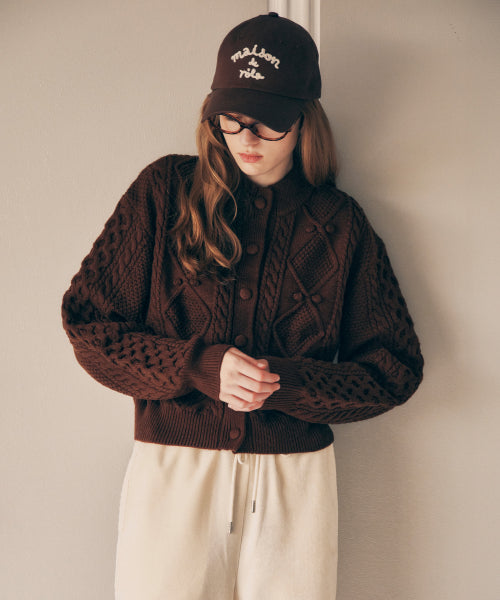 WOOL BUTTON CABLE CARDIGAN - 3 COLORS BROWN