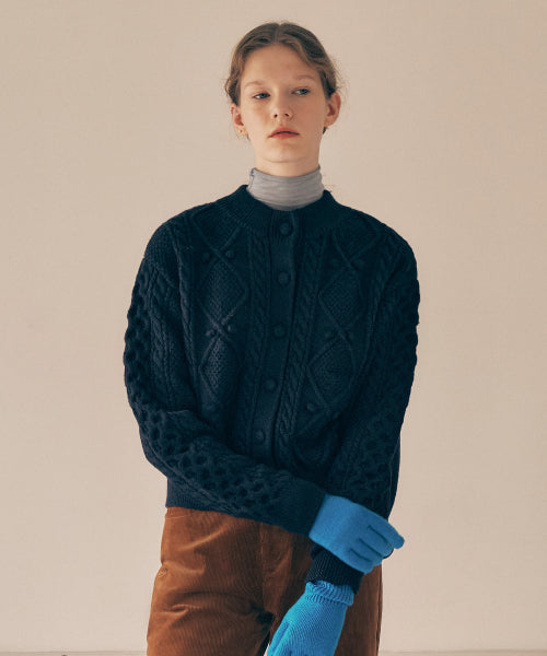 WOOL BUTTON CABLE CARDIGAN - 3 COLORS NAVY