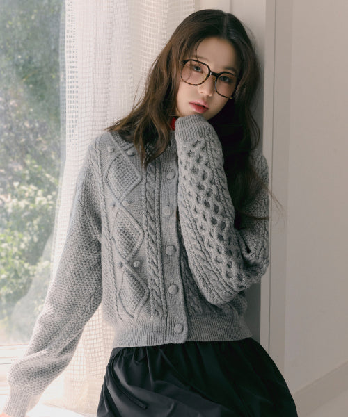 WOOL BUTTON CABLE CARDIGAN - 3 COLORS GREY