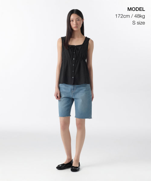 WOMENS VERTICAL TEXTURED BUTTON SLEEVELESS TOP #韓韶禧同款! - 4 COLORS BLACK