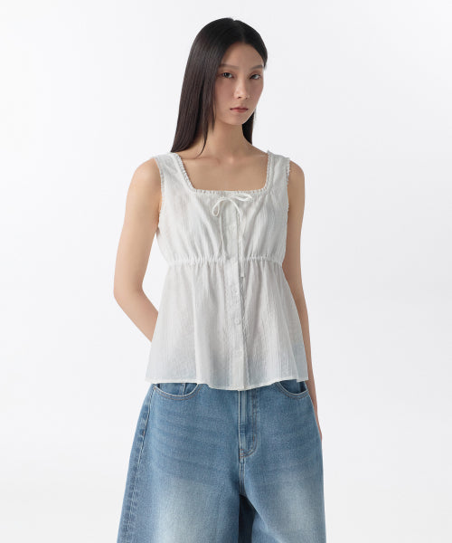 WOMENS VERTICAL TEXTURED BUTTON SLEEVELESS TOP #韓韶禧同款! - 4 COLORS WHITE