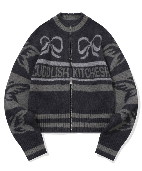 2-WAY RIBBON CROP KNIT ZIP-UP CHARCOAL