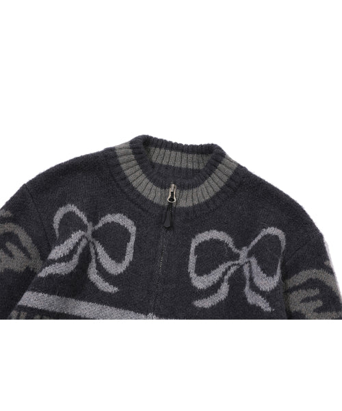 2-WAY RIBBON CROP KNIT ZIP-UP CHARCOAL