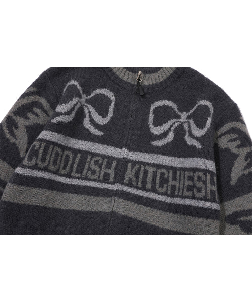 2-WAY RIBBON CROP KNIT ZIP-UP CHARCOAL