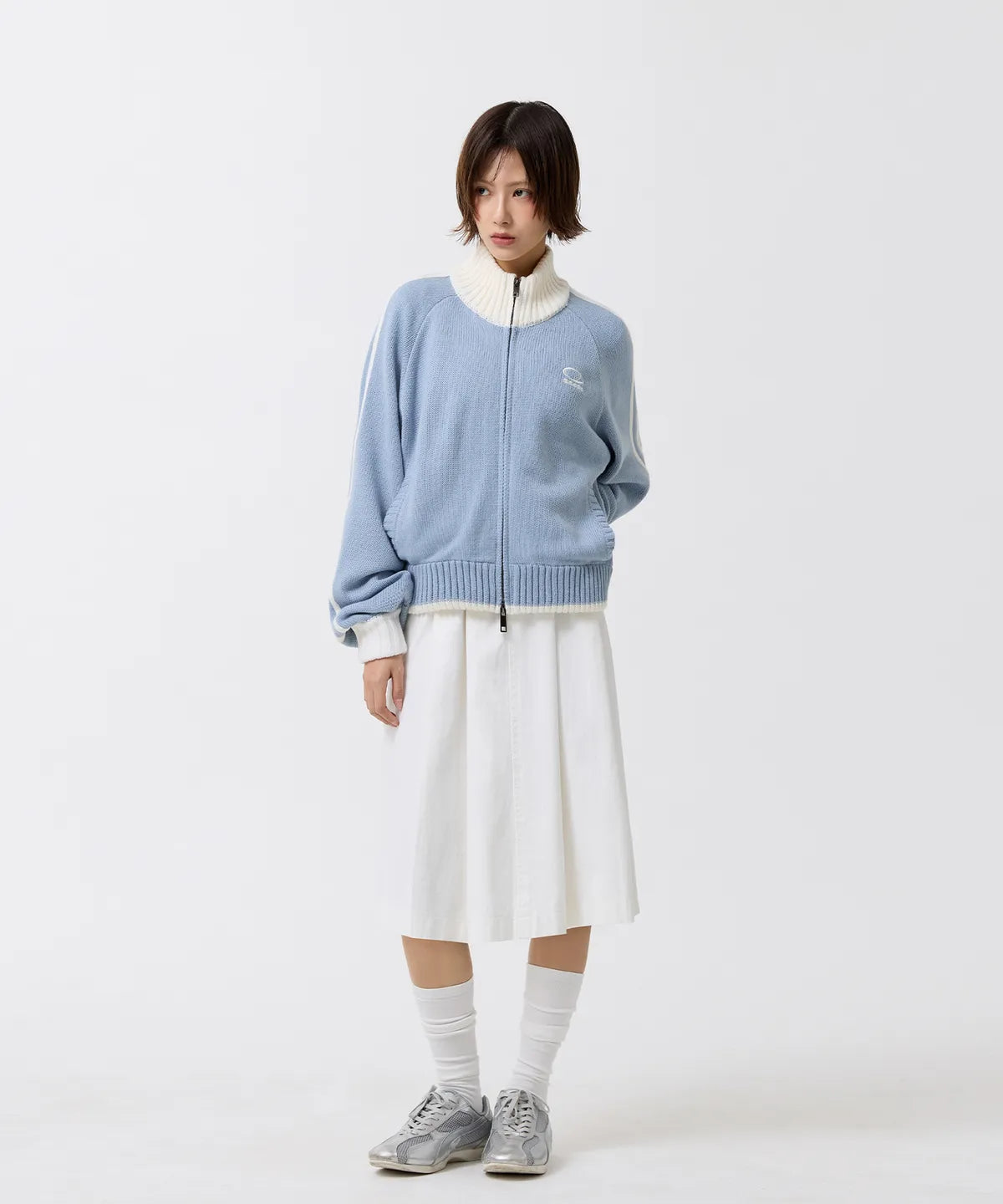 SPORTY TRACK SEMI-CROP KNIT ZIP-UP - SKY BLUE