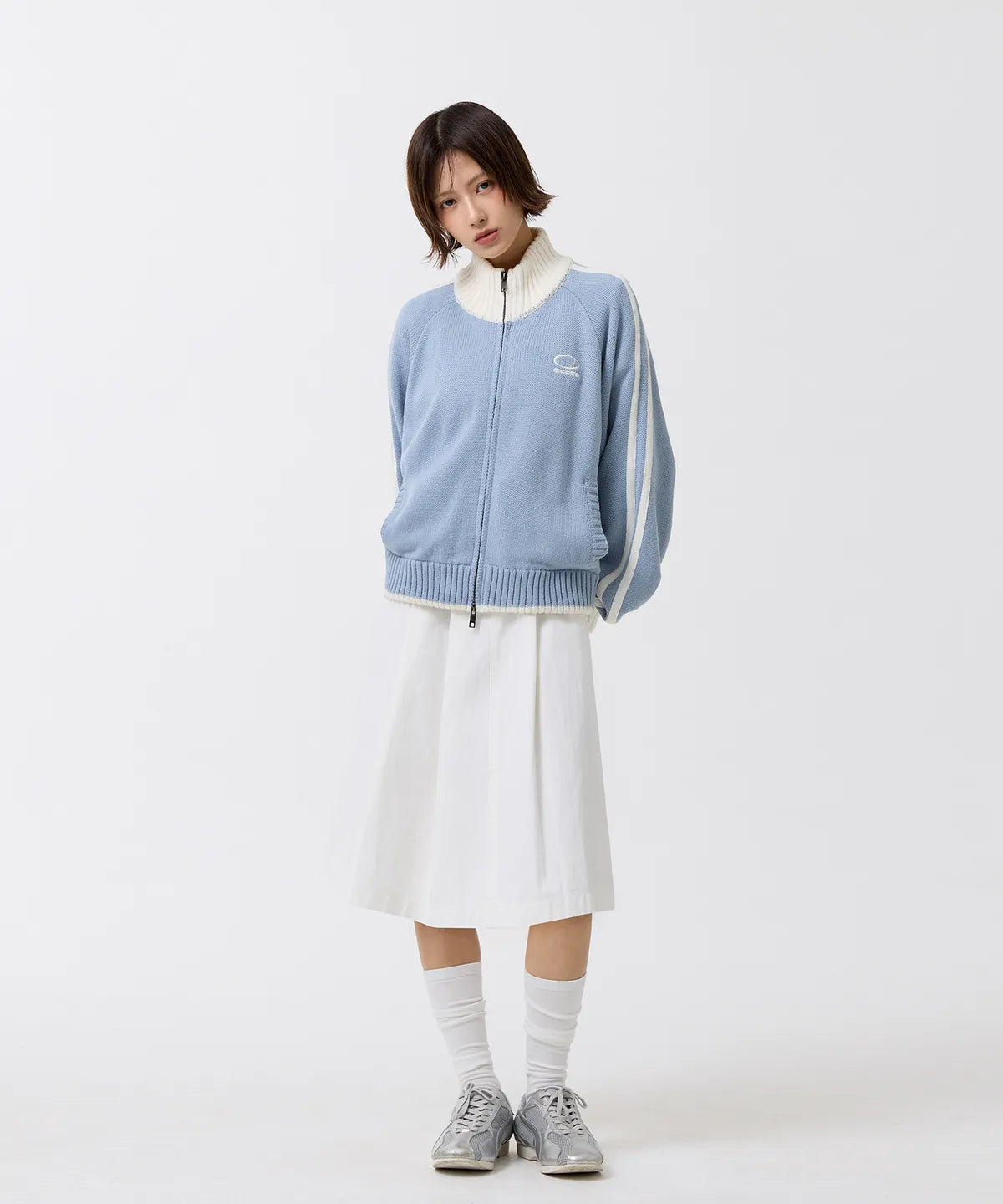 SPORTY TRACK SEMI-CROP KNIT ZIP-UP - SKY BLUE