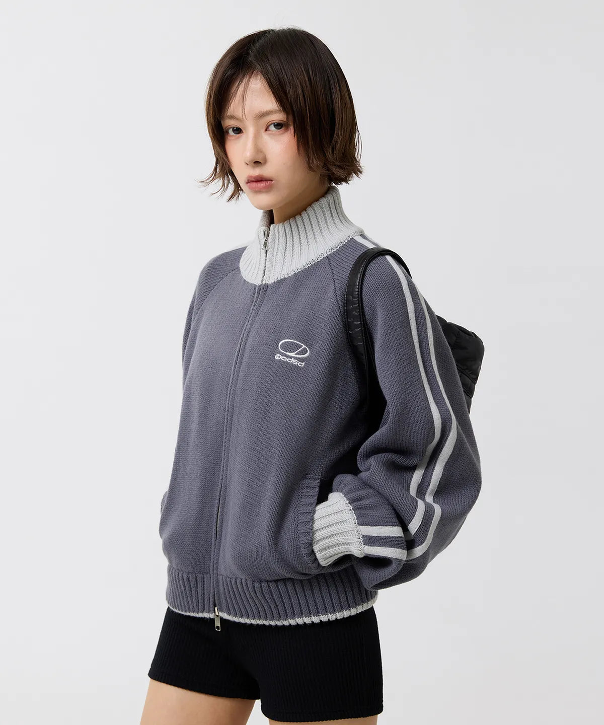 SPORTY TRACK SEMI-CROP KNIT ZIP-UP - GRAY