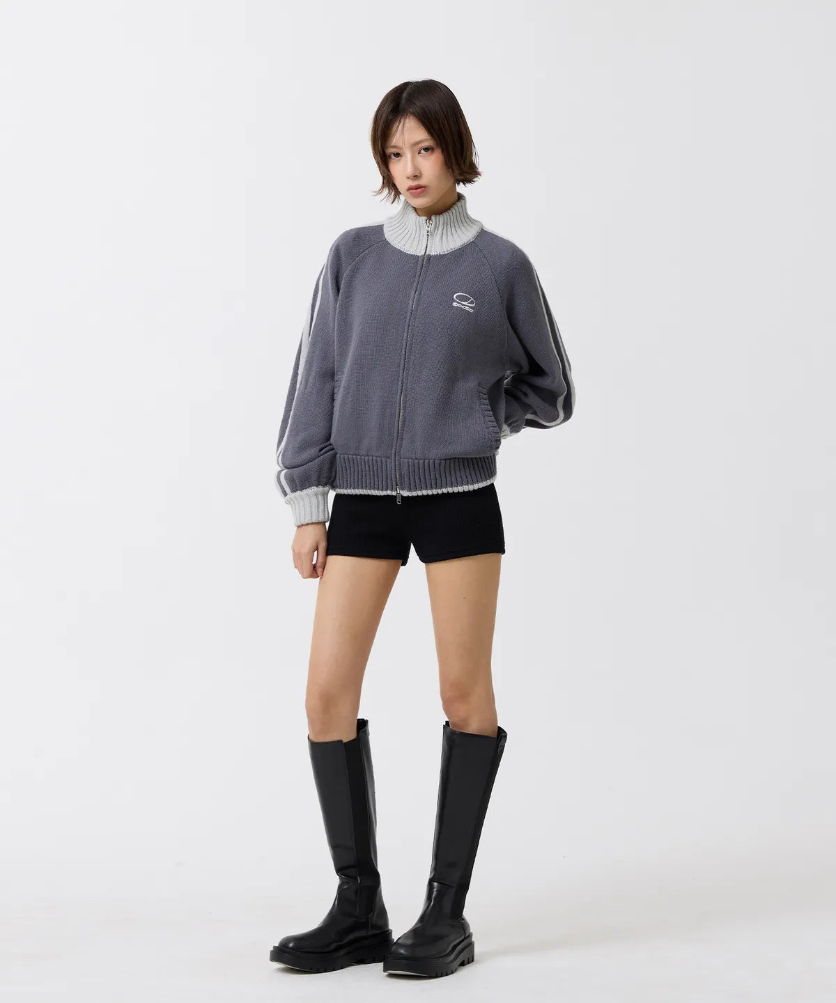 SPORTY TRACK SEMI-CROP KNIT ZIP-UP - GRAY
