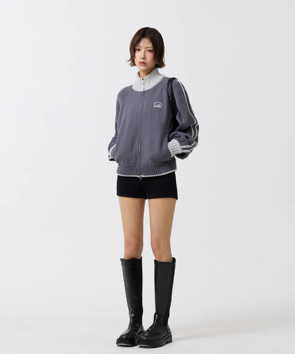 SPORTY TRACK SEMI-CROP KNIT ZIP-UP - GRAY