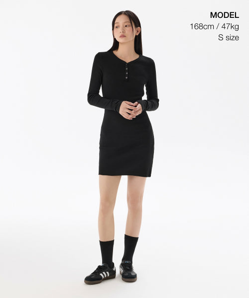 WOMENS RIBBED Y-NECK LONG SLEEVE MINI DRESS #韓韶禧同款! - 3 COLORS BLACK