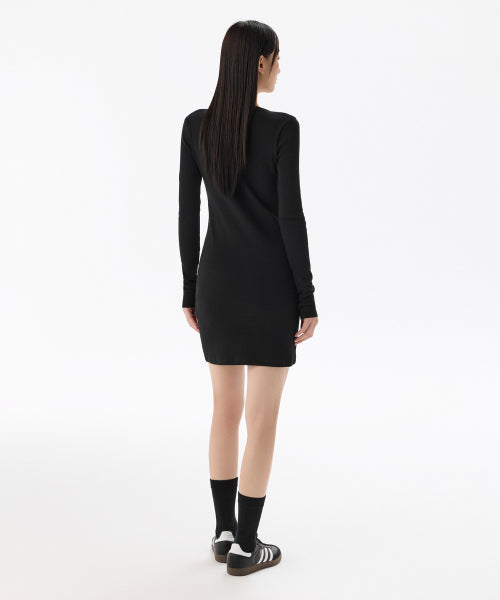 WOMENS RIBBED Y-NECK LONG SLEEVE MINI DRESS #韓韶禧同款! - 3 COLORS BLACK