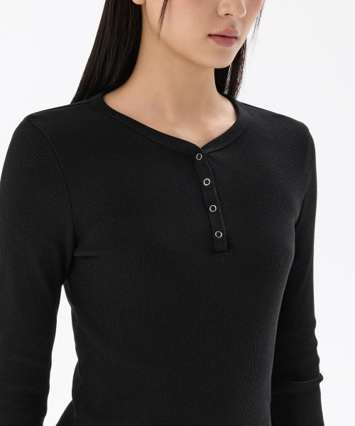 WOMENS RIBBED Y-NECK LONG SLEEVE MINI DRESS #韓韶禧同款! - 3 COLORS BLACK