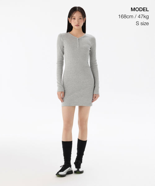 WOMENS RIBBED Y-NECK LONG SLEEVE MINI DRESS #韓韶禧同款! - 3 COLORS GREY