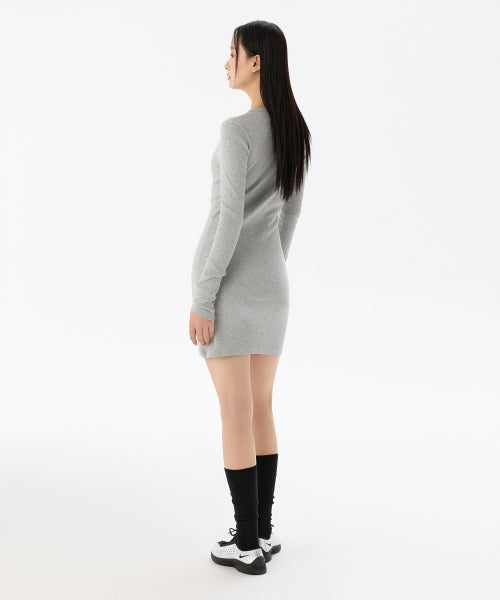 WOMENS RIBBED Y-NECK LONG SLEEVE MINI DRESS #韓韶禧同款! - 3 COLORS GREY