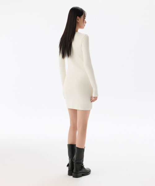WOMENS RIBBED Y-NECK LONG SLEEVE MINI DRESS #韓韶禧同款! - 3 COLORS CREAM