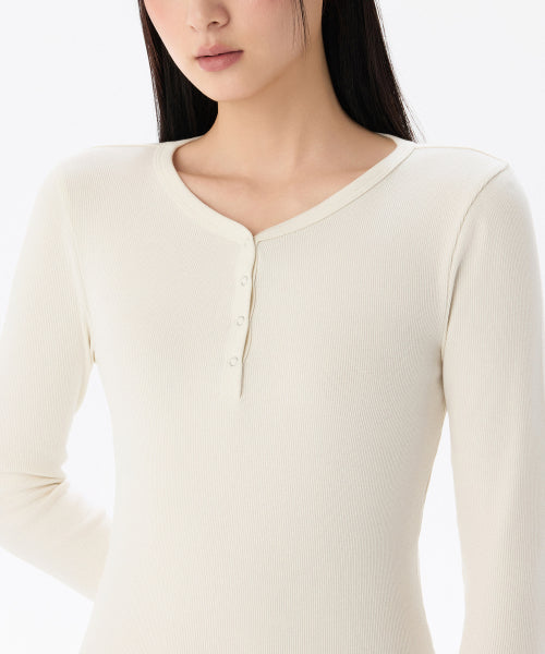 WOMENS RIBBED Y-NECK LONG SLEEVE MINI DRESS #韓韶禧同款! - 3 COLORS CREAM