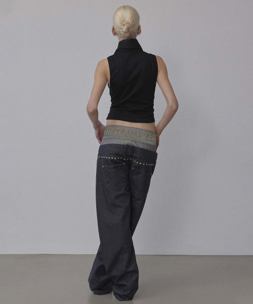 BEADED LAYERED DENIM PANTS NONFADE GREY