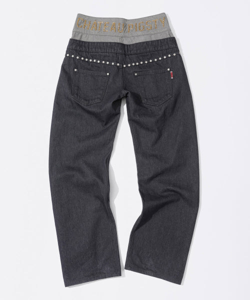 BEADED LAYERED DENIM PANTS NONFADE GREY