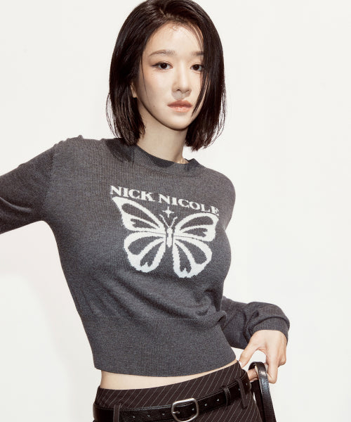 BOLD BUTTERFLY JAQUARD KNIT #徐睿知同款! - 3 COLORS CHARCOAL