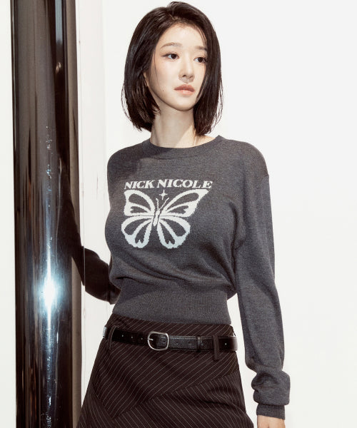 BOLD BUTTERFLY JAQUARD KNIT #徐睿知同款! - 3 COLORS CHARCOAL