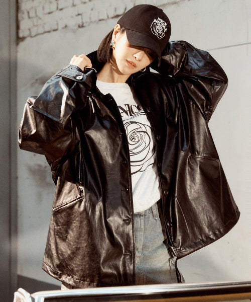 VINTAGE HALF LEATHER STRING JACKET #徐睿知同款! BLACK