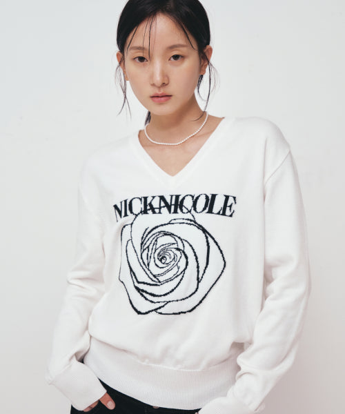 NICOLE ROSE JAQUARD PULLOVER KNIT #徐睿知同款! - 5 COLORS IVORY