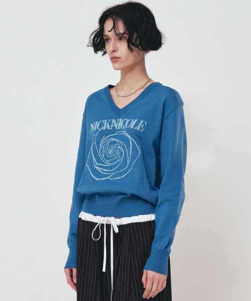 NICOLE ROSE JAQUARD PULLOVER KNIT #徐睿知同款! - 5 COLORS BLUE