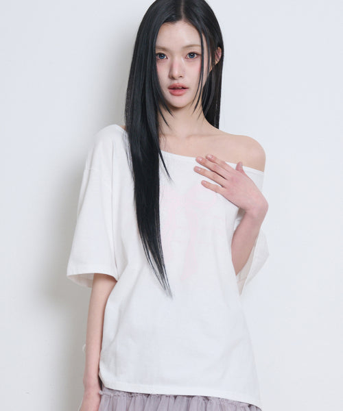 RIBBON SHIRRING OFF SHOULDER T-SHIRT - 3 COLORS WHITE