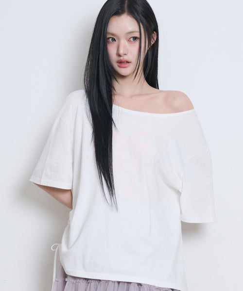 RIBBON SHIRRING OFF SHOULDER T-SHIRT - 3 COLORS WHITE