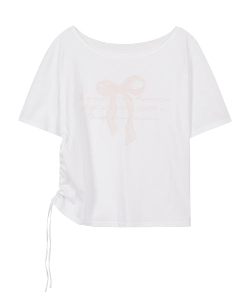 RIBBON SHIRRING OFF SHOULDER T-SHIRT - 3 COLORS WHITE