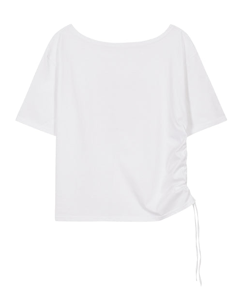 RIBBON SHIRRING OFF SHOULDER T-SHIRT - 3 COLORS WHITE