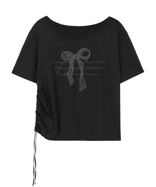 RIBBON SHIRRING OFF SHOULDER T-SHIRT - 3 COLORS BLACK