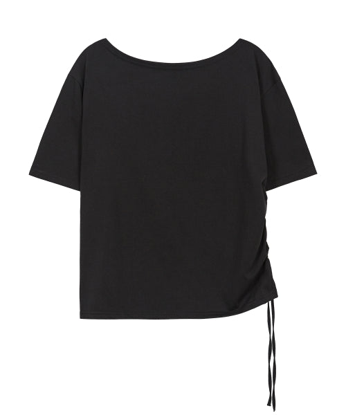 RIBBON SHIRRING OFF SHOULDER T-SHIRT - 3 COLORS BLACK