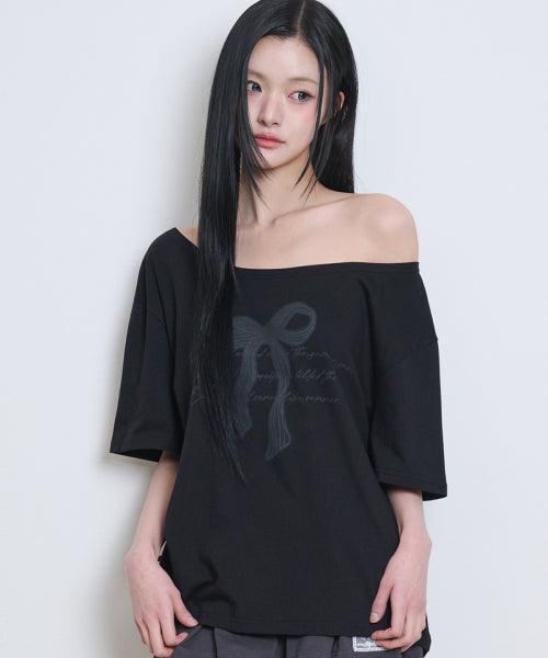 RIBBON SHIRRING OFF SHOULDER T-SHIRT - 3 COLORS BLACK