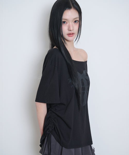 RIBBON SHIRRING OFF SHOULDER T-SHIRT - 3 COLORS BLACK
