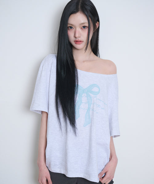 RIBBON SHIRRING OFF SHOULDER T-SHIRT - 3 COLORS MELANGE