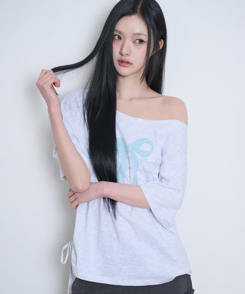 RIBBON SHIRRING OFF SHOULDER T-SHIRT - 3 COLORS MELANGE