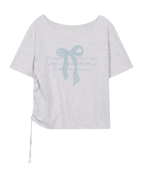 RIBBON SHIRRING OFF SHOULDER T-SHIRT - 3 COLORS MELANGE