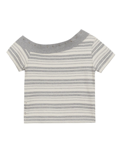 ONE SHOULDER STUD STRIPE TOP BLACK IVORY IVORY