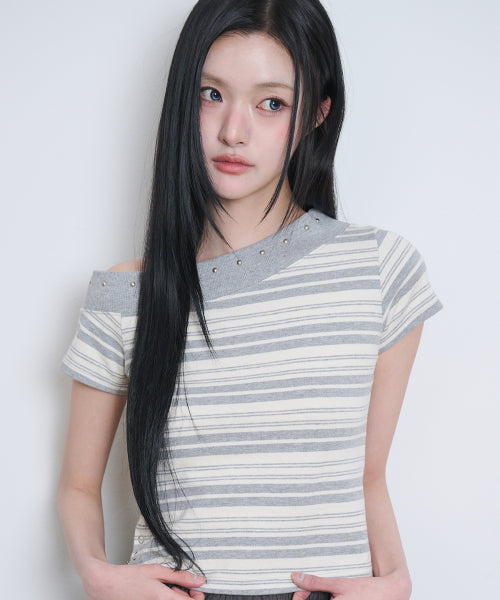 ONE SHOULDER STUD STRIPE TOP BLACK IVORY IVORY