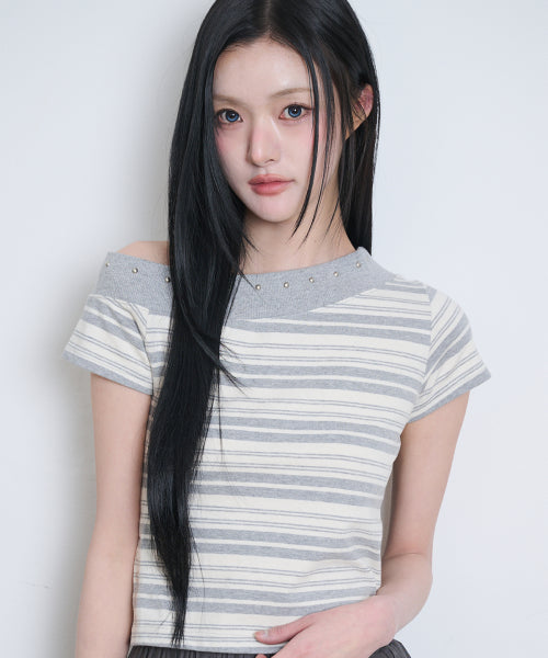 ONE SHOULDER STUD STRIPE TOP BLACK IVORY IVORY